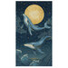 Starry night sky with golden stars and a large golden moon with whales leaping out of raging waves.