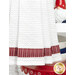 A close up shot of the bottom red and white striped fabric, a patriotic gnome can be seen in the background.