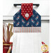 A close up shot of the top of the hanging towel. A shield and olive branch can be seen in the blue fabric.