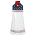 The completed Hanging Towel Kit colored in red, white, and blue fabrics from the American Gatherings III collection by Moda Fabrics, isolated on a white background. 