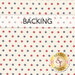 A swatch of white fabric with red and blue stars; a translucent banner across the top with the word "Backing" and a gold Shabby Fabrics logo in the bottom right corner.