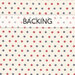 A swatch of white fabric with red and blue stars; a translucent banner across the top with the word "Backing".