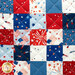 A top down shot of the hot pad, showing patchwork details on the patriotic fabrics.