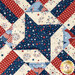 A close up shot of the center 4-pointed star demonstrating fabric designs and top stitching. 