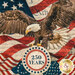 A close up shot of the bald eagle swooping down in front of a American Flag. 
