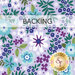 A swatch of lavender fabric with cool toned florals. A banner at the top reads "backing" and a gold "Shabby Fabrics" logo sits in the bottom right corner. 