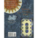 The back of the pattern book, showcasing an example quilt that can be created with the book with mockups of the two included templates, all on a mottled blue background.