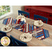 The completed Greased Lightning Table Runner in red, white, and blue fabrics from the Stars & Stripes 14 collection by Northcott Fabrics, staged on a rustic wood table with coordinating table settings.