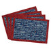 Four Self-Binding Placemats with a navy blue print featuring patriotic words and phrases, framed by a crimson border fabric, isolated on a white background.