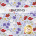 A swatch of blue fabric with patriotic florals. A banner at the top reads "Backing" and a golden Shabby Fabrics logo can be seen in the lower right hand corner.