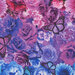 an 8x8 swatch of the fabric featuring a packed collage of florals and butterflies in a pink, purple, and blue ombre hue.