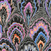 An 8x8 swatch of the black fabric featuring marbled scallops in gray, blue, purple, peach, and pink accents.