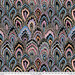 Black fabric with large marbled scallops featuring gray, blue, purple, peach, and pink accents.