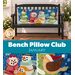 Collage of the completed January pillow staged on a bench, showcasing snowmen, trees, and birds in a snowy scene.