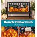 Collage of the completed October pillow staged on a bench, showcasing bright orange jack-o'-lanterns, green vines, and an adorable cat.