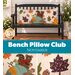 Collage of the completed November pillow staged on a bench, showcasing falling leaves, acorns, a moon blue pumpkin, and a cute squirrel.