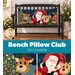 Collage of the completed December pillow staged on a bench, showcasing Santa Claus, his reindeer, and a decorated Christmas tree.