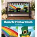 Collage of the completed March pillow staged on a bench, showcasing shamrocks and a rainbow with pots of gold.