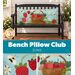 Collage of the completed June pillow staged on a bench, showcasing bees, flowers, and a basket of strawberries.