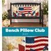 Collage of the completed July pillow staged on a bench, showcasing fireworks, stars, and an American flag.