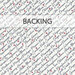 White swatch of fabric with a diagonal pattern of navy blue script of the different state names interspersed with red stars; a transparent banner at the top reads "Backing."