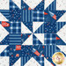 A close up on the blue and white fabrics, showing print colors and details.