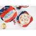 A top down shot of the bowl cozies, demonstrating fabric color and print details; one bowl holds vanilla ice cream with sprinkles.