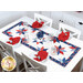 The completed Floating Stars Runner, staged on a white table with red napkins, and glass jars on a white table.