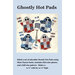 Front cover of the pattern showing two completed ghost hot pads in red, white, and blue fabrics, staged with kitchen utensils.