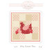 Front of the Miss Sweet Pea pattern depicting a digital example of the finished mini quilt or pillow, a red and pink chicken surrounded by appliqué hearts on a beige background.