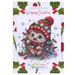Front cover of pattern showing a digital rendering of the project, a sweet little hedgehog bundled up and tangled in christmas lights.