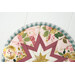 A super close up on the round hot pad, demonstrating the pink floral fabric details on the beautiful folded star.