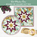 The two completed Folded Star Hot Pads, one round and one square, colored in teal fabrics from the Renew collection from Riley Blake Designs, slightly overlapping each other and staged on a white wooden table with coordinating floral décor.