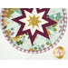 A super close up on the round hot pad, demonstrating the teal and purple floral fabric details on the beautiful folded star.