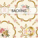A swatch of cream fabric with gold designs and pink flowers. A banner reads "Backing".
