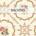 A swatch of cream fabric with gold designs and pink flowers. A banner reads "Backing".