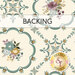 A swatch of cream fabric with dusty teal designs and plum purple flowers. A banner reads "Backing". and a golden shabby fabrics logo rests in the bottom right corner. 