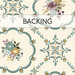 A swatch of cream fabric with dusty teal designs and plum purple flowers. A banner reads "Backing".