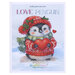 Front cover of pattern showing a digital rendering of the project, a festively bundled penguin holding a heart.