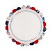 Circular fabric table topper with scallops in patriotic colors and the embroidered text, "I pledge allegiance to the flag," isolated on a white background. 