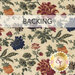 A swatch of cream fabric with tossed red, navy blue, earth green, and golden yellow florals. A banner at the top reads "Backing" and a golden Shabby Fabrics logo can be seen in the lower right hand corner.