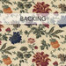 A swatch of cream fabric with tossed red, navy blue, earth green, and golden yellow florals. A banner at the top reads "Backing".