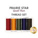 Colorful appliqué thread set of 5 spools, below a text graphic that reads, "Prairie Star Quail Run Thread Set."