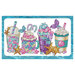 Cross stitch pattern image, featuring four ocean-themed coffee drinks on a white background with a teal water border.