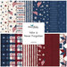Collage of yardage fabrics with American motifs and colors featuring stripes, American states and territories, and plaids.