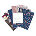 Collage of primarily blue one yard cuts from the "Valor is Never Forgotten" collection featuring American motifs and colors.