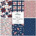 Collage of primarily blue one yard cuts from the "Valor is Never Forgotten" collection featuring American motifs and colors.