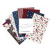 Collage of primarily blue one yard cuts from the "Valor is Never Forgotten" collection featuring American motifs and colors.