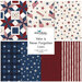 Collage of primarily cream one yard cuts from the "Valor is Never Forgotten" collection featuring American motifs and colors.