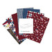 Collage of primarily blue one yard cuts from the "Valor is Never Forgotten" collection featuring American motifs and colors.